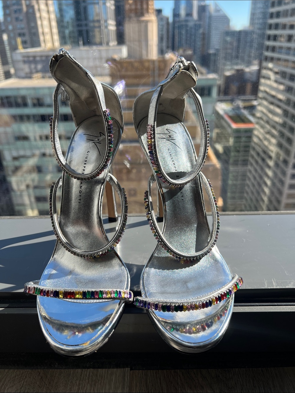 Giuseppe Zanotti Silver Multicolored Crystal-Strap High Heels